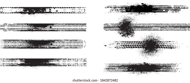 Pista de neumáticos texturados de impresión vectorial . Elemento de diseño. Silhouette de recorrido de auto. Textura de estribo de barro