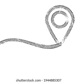 Vector Print Textured Tire Track . Design Element pin . Car tread silhouette . Mud splash grunge texture. Tyre track banner . Map pointer .
