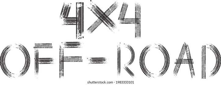 Vector Print Textured Tire Track . Design Element .Car thread silhouette. 4x4 lettering in grunge style.