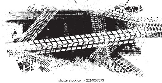 Vector Print Textured Tire Track Banner. Design Element . Car Tread Silhouette . Mud Splash Grunge Texture. 