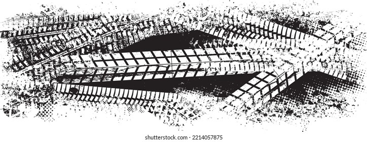 Vector Print Textured Tire Track banner. Design Element . Car tread silhouette . Mud splash grunge texture. 