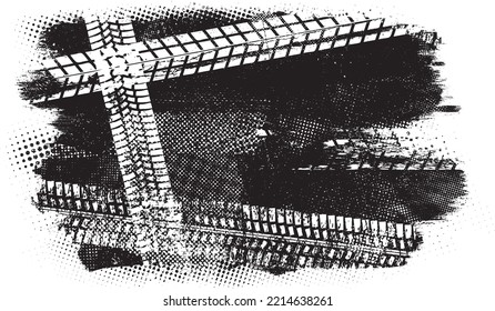 Vector Print Textured Tire Track . Design Element . Car tread silhouette . Mud splash grunge texture. Screen print texture .