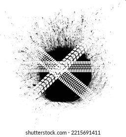 Cartel de pista de neumáticos texturizados de impresión vectorial. Elemento de diseño. Silhouette de recorrido de auto. La textura de barro salpicado de arena. 