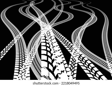 Vector Print Textured Tire Track banner. Design Element . Car tread silhouette . Tyre print .Mud splash grunge texture. Wheel tire track. Traces of tyres.
