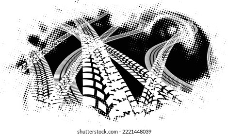Cartel de pista de neumáticos texturizados de impresión vectorial. Elemento de diseño. Silhouette de recorrido de auto. Impresión de neumáticos .Textura de fondo de salpicadura de barro. Pista de neumático de rueda. Rastros de neumáticos.