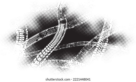 Vector Print Textured Tire Track banner. Design Element . Car tread silhouette . Tyre print .Mud splash grunge texture. Wheel tire track. Traces of tyres.
