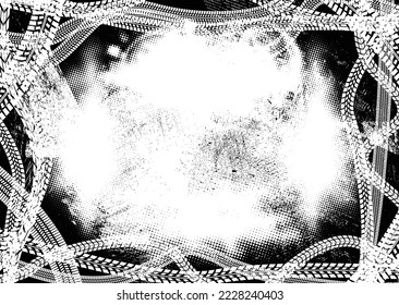Marco de borde de pista de neumáticos texturados de impresión de vectores. Elemento de diseño. Silhouette de recorrido de auto. La textura de barro salpicado de arena. Mostrar la deriva