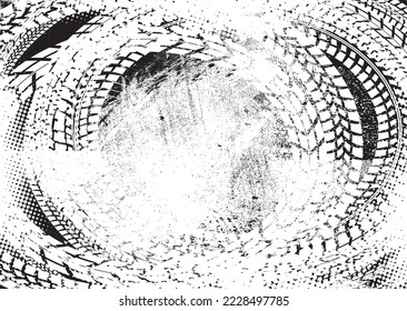 Vector Print Textured Tire Track banner. Design Element . Car tread silhouette . Mud splash grunge texture. Drift show