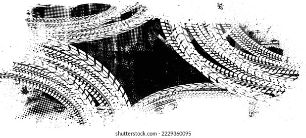 Vector Print Textured Tire Track banner. Design Element . Car tread silhouette . Mud splash grunge texture. Drift show
