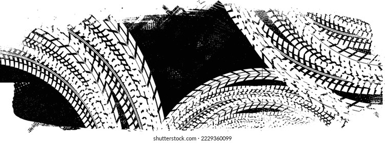 Vector Print Textured Tire Track banner. Design Element . Car tread silhouette . Mud splash grunge texture. Drift show