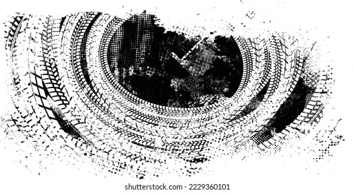 Vector Print Textured Tire Track banner. Design Element . Car tread silhouette . Mud splash grunge texture. Drift show