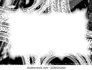 Vector Print Textured Tire Track frame. Design Element . Car tread silhouette . Mud splash grunge texture. Drift show
