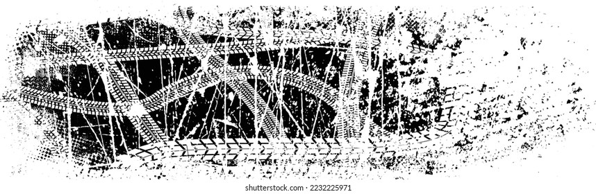 Vector Print Textured Tire Track banner. Design Element . Car tread silhouette . Mud splash grunge texture. Drift show