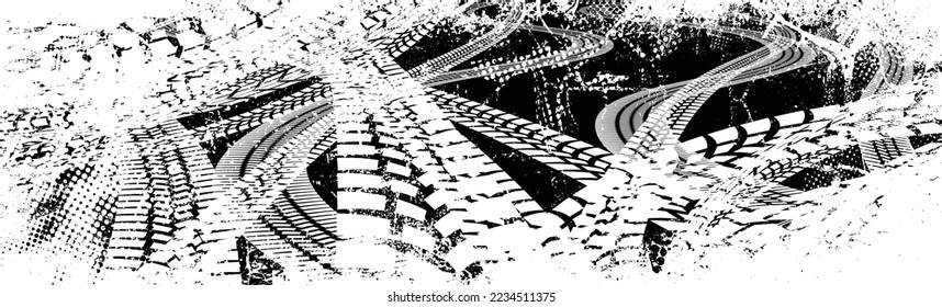 Vector Print Textured Tire Track banner. Design Element . Car tread silhouette . Mud splash grunge texture. Drift show