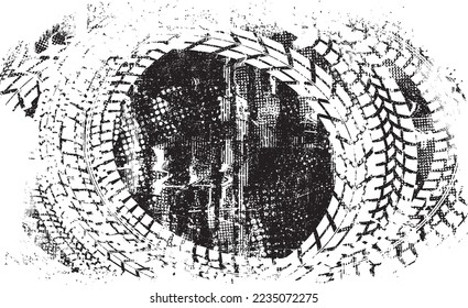 Vector Print Textured Tire Track banner. Design Element . Car tread silhouette . Mud splash grunge texture. Drift show