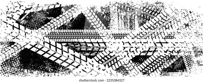 Vector Print Textured Tire Track . Design Element . Car tread silhouette . Mud splash grunge texture. Screen print texture .