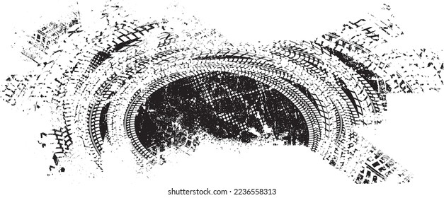 Vector Print Textured Tire Track . Design Element . Car tread silhouette . Mud splash grunge texture. Screen print texture .