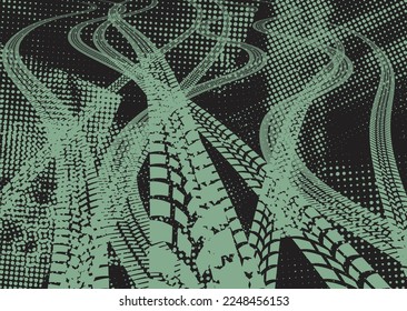 Fondo del pie del dúo de la pista del neumático texturizado de impresión vectorial. Elemento de diseño. Silhouette de recorrido de auto. La textura de barro salpicado de arena. Mostrar la deriva