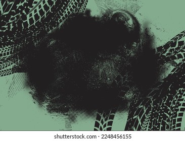 Vector Print Textured Tire Track duo tone background. Design Element . Car tread silhouette . Mud splash grunge texture. Drift show