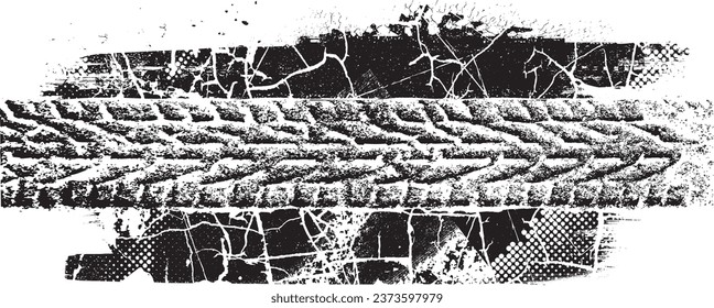 Vector Print Textured Tire Track . Design Element . Car tread silhouette . Mud splash grunge texture