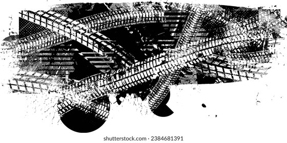 Vector Print Textured Tire Track . Design Element . Car tread silhouette . Mud splash grunge tire texture. Tyre track banner .