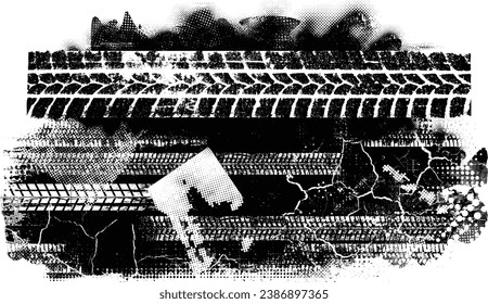 Vector Print Textured Tire Track . Design Element . Car tread silhouette . Mud splash grunge texture