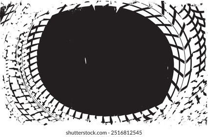 Vector Print Textured Tire Track . Drift design element . Car tread silhouette . Mud splash grunge tire texture. Tyre tread banner . Surface textured with many circular tire track traces