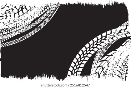 Vector Print Textured Tire Track . Drift design element . Car tread silhouette . Mud splash grunge tire texture. Tyre tread banner . Surface textured with many circular tire track traces