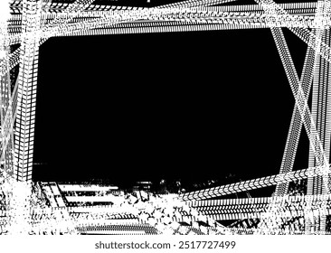 Vector Print Textured Tire Track . Drift design element . Car tread silhouette . Mud splash grunge tire texture. Tyre tread banner . Surface textured with many circular tire track traces