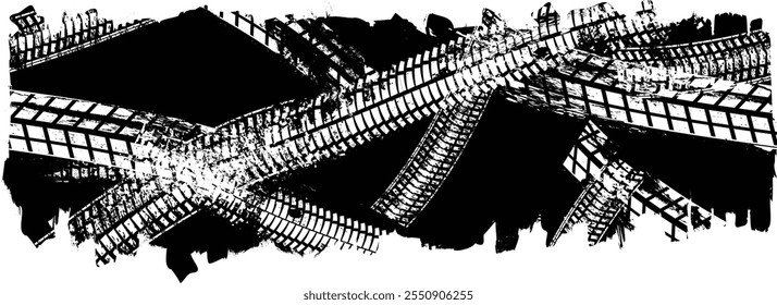 Pista texturizada del neumático de la impresión del Vector . Elemento de diseño de deriva . Silueta de la banda de rodadura del coche. Textura de neumático grunge de salpicadura de barro. Anuncio de la banda de rodadura del neumático. Superficie texturizada con muchos trazos de pista de neumáticos