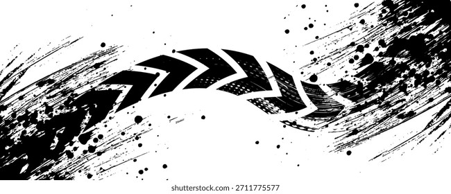 Pista texturizada del neumático de la impresión del Vector . Elemento de diseño . Silueta de la banda de rodadura del coche. Textura grunge de salpicaduras de barro