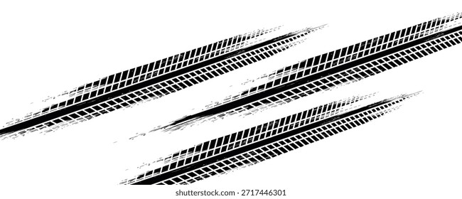 Pista texturizada del neumático de la impresión del Vector . Elemento de diseño . Silueta de la banda de rodadura del coche. Textura grunge salpicadura de barro, ilustración de Vector