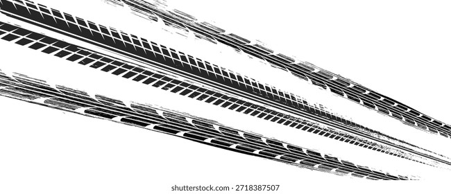 Pista texturizada del neumático de la impresión del Vector . Elemento de diseño . Silueta de hilo de coche . Textura grunge de salpicaduras de barro