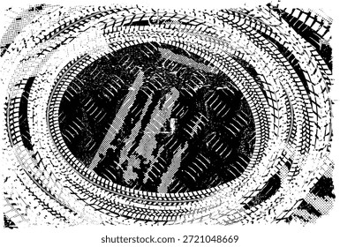 Anuncio de Pista texturizado de neumáticos con estampado de Vector. Elemento de diseño . Silueta de la banda de rodadura del coche. Textura grunge de salpicaduras de barro. Espectáculo de deriva
