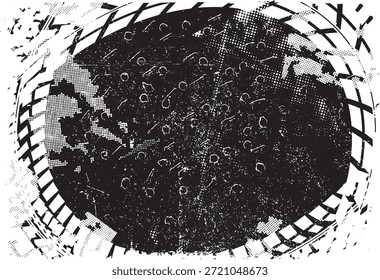 Anuncio de Pista texturizado de neumáticos con estampado de Vector. Elemento de diseño . Silueta de la banda de rodadura del coche. Textura grunge de salpicaduras de barro. Espectáculo de deriva
