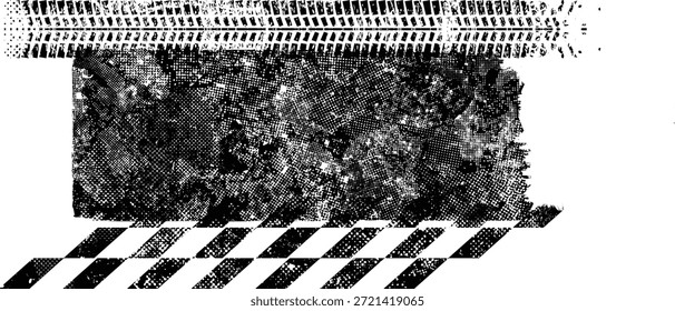 Pista texturizada del neumático de la impresión del Vector . Elemento de diseño . Silueta de flecha de la banda de rodadura del coche . Textura de neumático grunge de salpicadura de barro. Anuncio de pista de neumáticos .