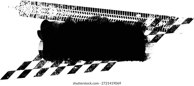 Pista texturizada del neumático de la impresión del Vector . Elemento de diseño . Silueta de flecha de la banda de rodadura del coche . Textura de neumático grunge de salpicadura de barro. Anuncio de pista de neumáticos .