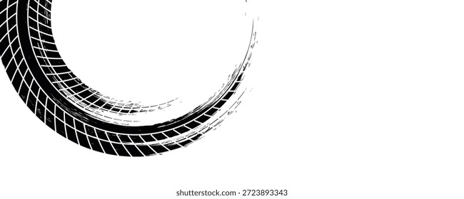 Pista texturizada del neumático de la impresión del Vector . Elemento de diseño . Silueta de la banda de rodadura del coche. Textura de neumático grunge de salpicadura de barro. Anuncio de pista de neumáticos .

