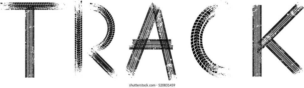 Vector Print Textured Tire Track . Design Element .Bike thread silhouette. Track lettering in grunge style.