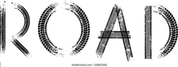 Vector Print Textured Tire Track . Design Element .Bike thread silhouette. Road lettering in grunge style.
