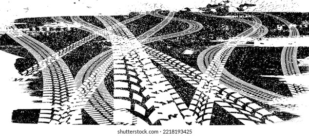 Vector Print Textured Tyre Track banner. Design Element . Car tread silhouette . Tyre print .Mud splash grunge texture. Wheel tire track. Traces of tires.