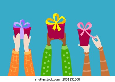 Vector print  of three human hands with gifts. Isolated. Multinational.Gift box with ribbon.Congratulatory template pattern. Eps horizontal image for banner, card. Christmas. Birthday. 