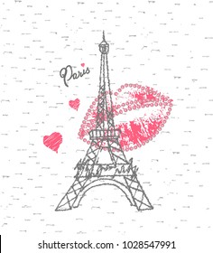 Vector print for t-shirt.  Beautiful pink lip and Eiffel tower and hearts. Cute illustration with Paris for textile clothes in fashion luxury design.  Drawing of beauty symbol and love.