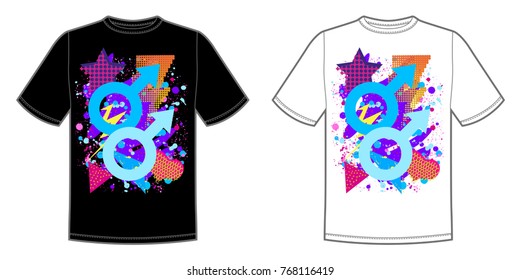 Vector print for t-shirt with bright Pride lgbt rainbow color male symbol