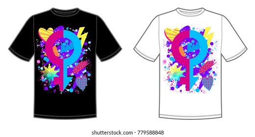 Vector print for t-shirt with bright Pride lgbt rainbow color male and female symbol