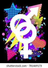 Vector print for t-shirt with bright Pride lgbt rainbow color male and female symbol