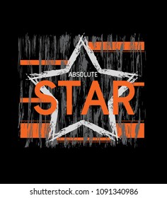 Vector print is for t-shirt. Design graphic typography for screen-printing press, 3 color. Stylized word and slogan,  star, illustration artistic art.  For textile  denim and knit clothes in fashion. 