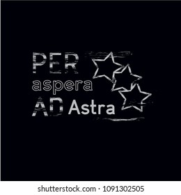 Vector print is for t-shirt. Graphic design  for screen-printing press in typography. There is a stylized word and slogan: Through difficulties to the stars. Can be used for denim and knitwear.