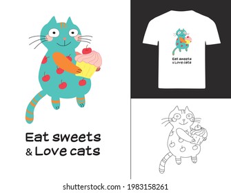 Vector print for tshirt. Illustration with cat and sweet