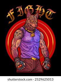 Vector print for t-shirt. Pumped up pit bull with a scurvy body covered with tattoos. Pitbull athlete, gangster with gold chain on his neck and tattoos with skulls. Professional Fighter